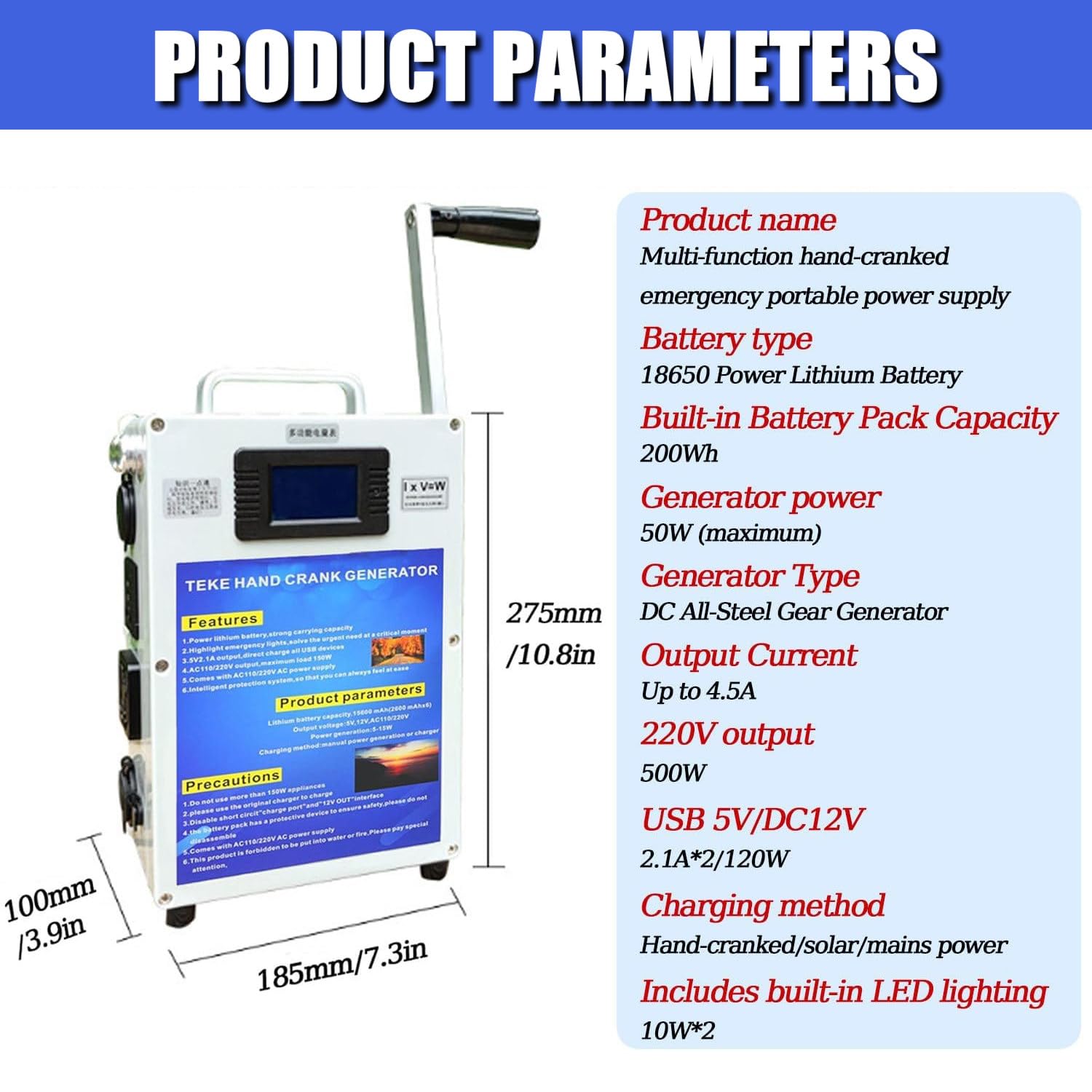 Generatore a manovella da 500 W, generatore a manovella da Campeggio con Prese da 220 V DC12V USB5V, Alimentazione di Emergenza per emergenze, Campeggio, interruzioni di Corrente improvvise