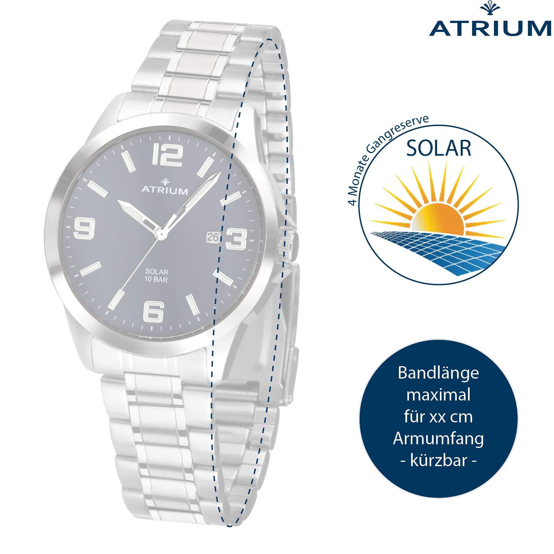Atrium Herren-Armbanduhr Solar Edelstahl Analog 10 bar mit Edelstahl Armband und Datum Anzeige silberfarben blau A32-35