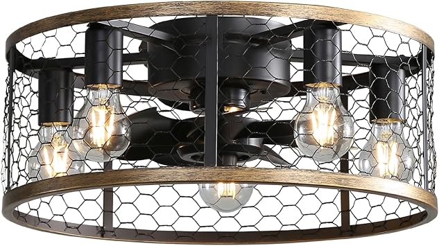 20 Inch 7 ABS blades Indoor Caged Downrod Mount Ceiling Fan with Light Remote Control, Flush Mount Ceiling Fan with DC motor, 3 Color Temperature Adjustment Light, Black