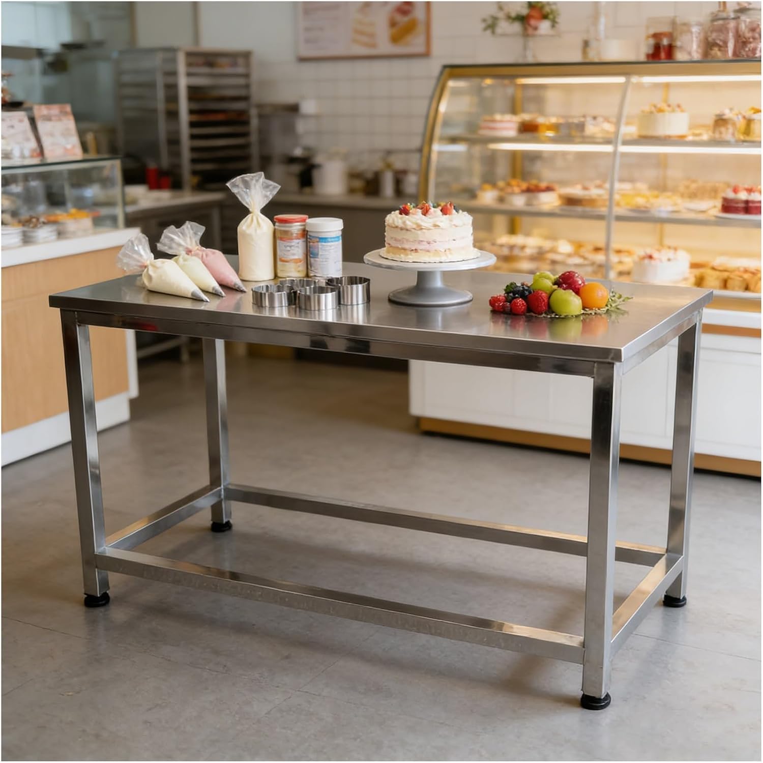 Stainless Steel Frame Workbench with Non-Slip Pads Worktable Modular Packaging Workstation for Easy Installation Metal Prep Table with Sturdy Construction(60x60x75cm/23.6x23.6x29.5”)