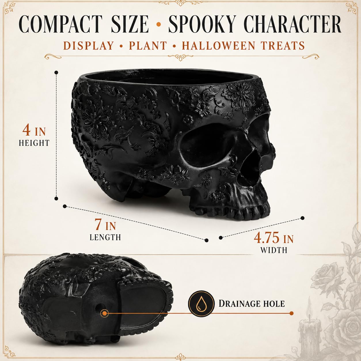 Halloween Schädel Pflanzgefäß & Trick or Treat Candy Bowl 15,2 cm Schädel Skelett Kopf Topf für Sukkulenten, Blumen oder Süßigkeiten - Gruselige Gothic Dekor für Garten, Haus, Partys, Spukhaus
