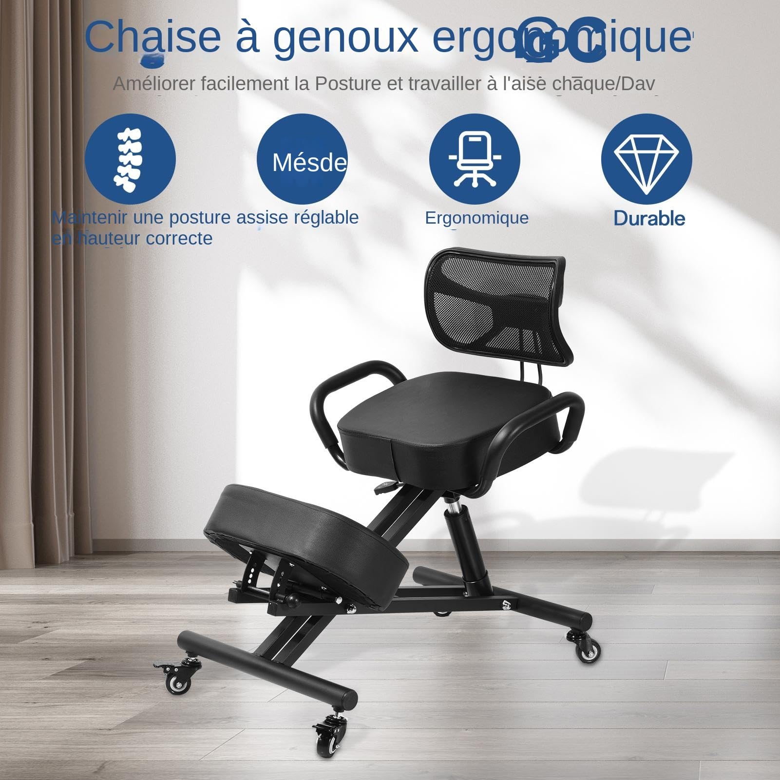 Chaise Ergonomique à Genoux avec Dossier - Hauteur réglable avec Coussins épais et roulettes verrouillables pour Le Bureau et la Maison. Tabouret correcteur de Post-ure pour soulager Les maux de Dos