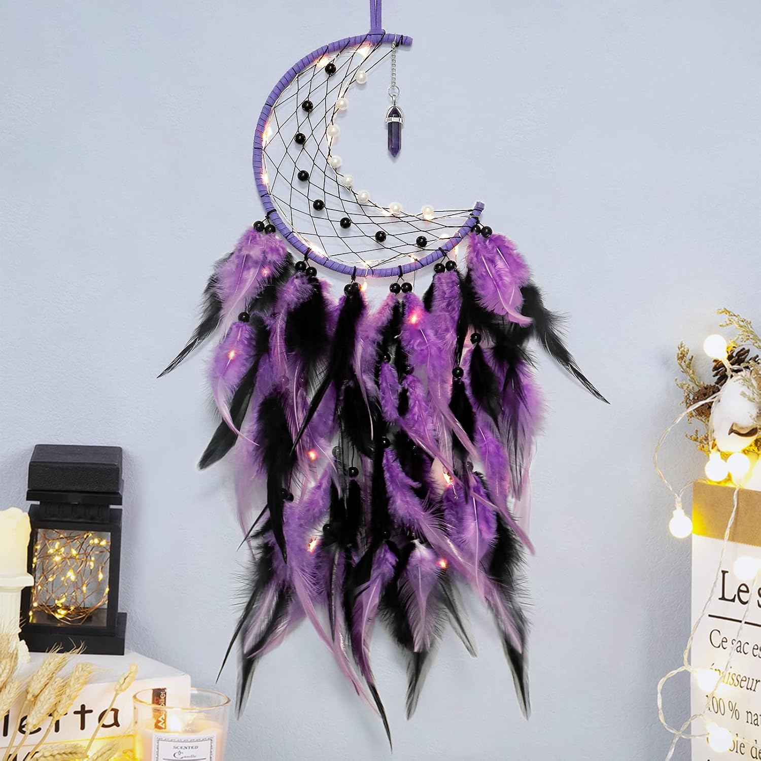 Dremisland Moon Dream Catcher with Fairy Lights-Handmade Colorful Feather Lucky Turquoise Pendant Beads Wall Hanging Ornament for Kids Bedroom Home