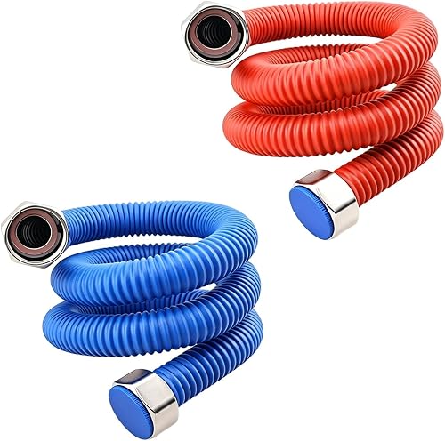36 Inch Flexible Stainless Steel Corrugated Hot Water Pipe Joint, Hot Water (Red) and Cold Water (Blue), 3/4 "FIP x 3/4" FIP Suitable for Water Heaters and Softeners, 304 Stainless Steel Hose and Nut