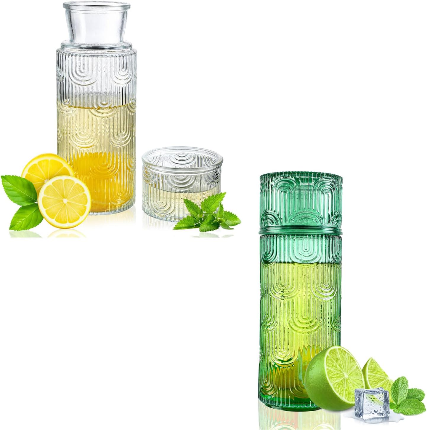 kanpura Bedside Water Carafe and Glass Set 28.5 OZ Glass Pitcher & 6.5 OZ Cup Mouthwash Dispenser for Bathroom(Clear & Green)