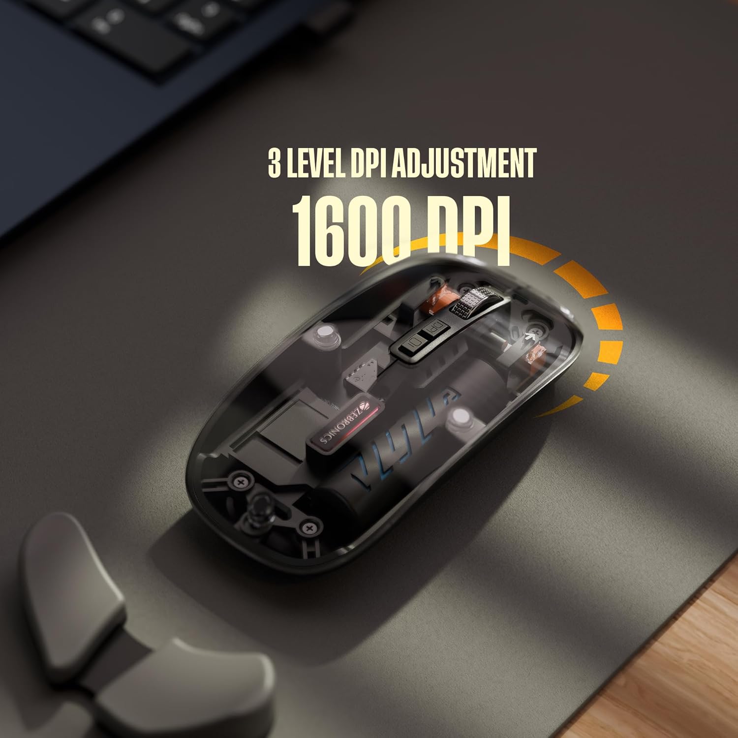 ZEBRONICS Glassy 10 mouse with an overlay indicating 3-level DPI adjustment up to 1600 DPI.