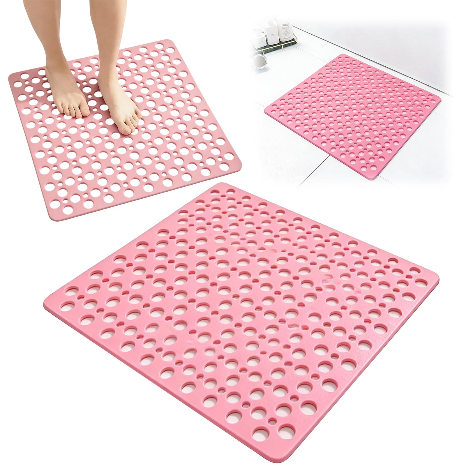 HTU Bath Mat for Tub, Non Slip Shower Mat for Bathroom Bathtub & Shower Stall, Bathtub Anti Slip Floor Mats with Suction Cups and Drain Holes, 20x20inch-Sakura Blush