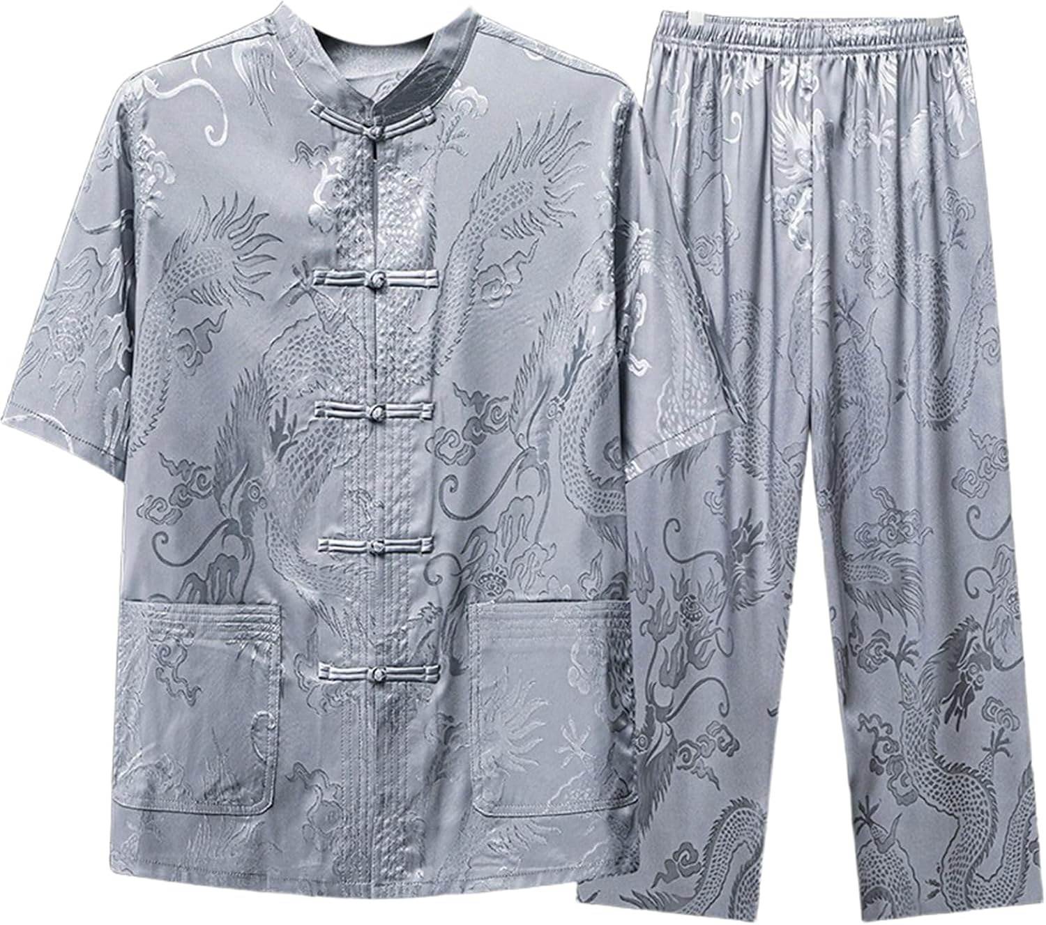 Men's Ice Silk Tang Suit Short Sleeve Set Middle Aged Casual Long Pants Daily Loungewear 2 Piece