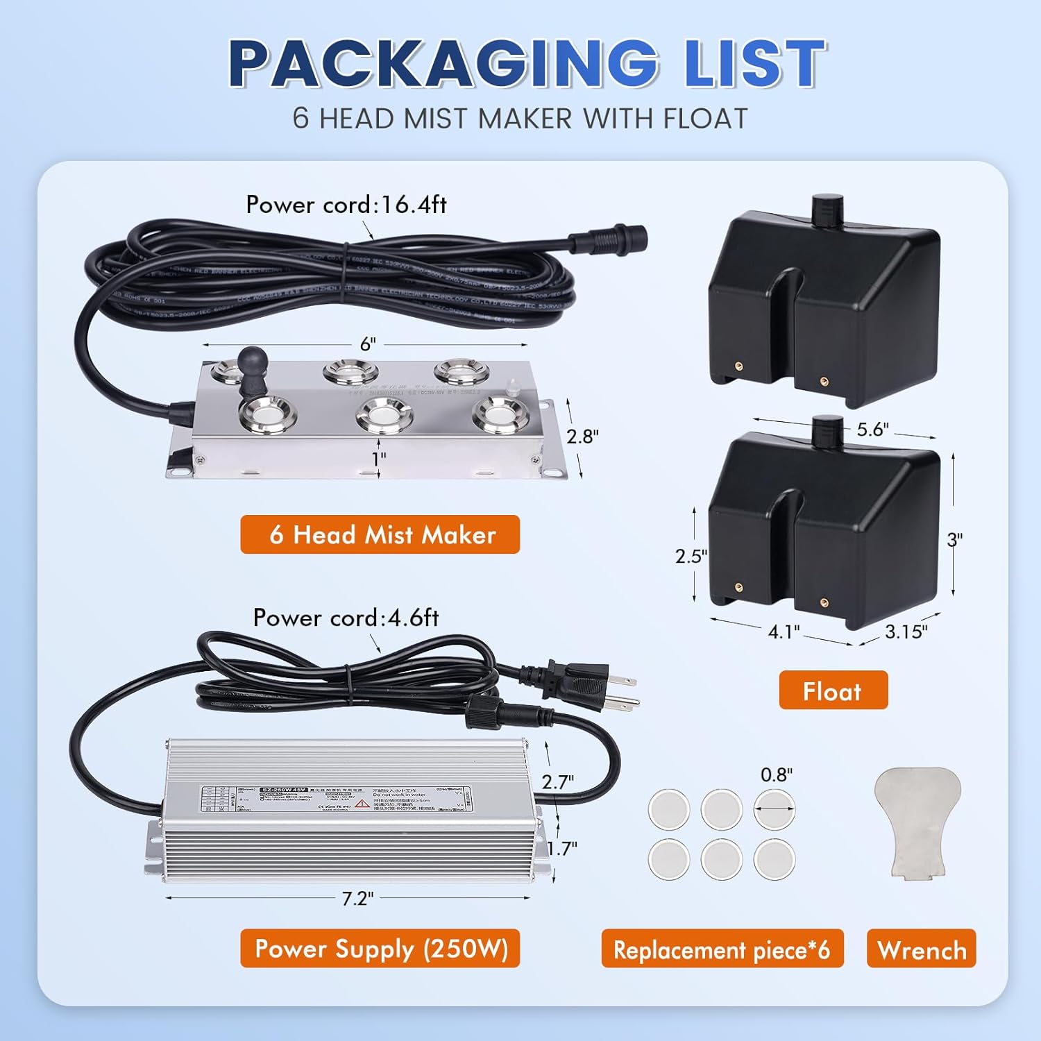 Ultrasonic Mist Maker 6 Head, 4500mL/H Pond Fogger with 250W Power Supply, Buoy, Replacement Discs, for Pond, Garden, Rockery, Greenhouse,Mushroom Halloween Decoration (6 Heads)