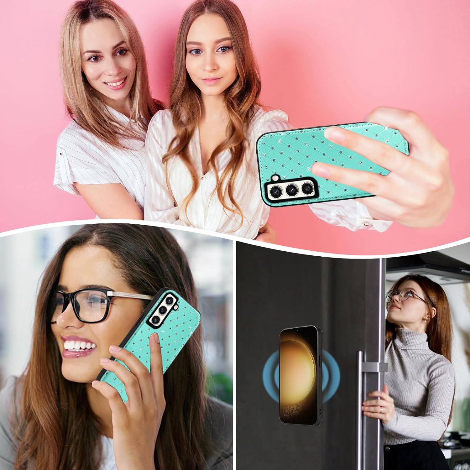Phone Case for Samsung Galaxy S23 Plus S23+ 5G Zipper Wallet Detachable Cell Cover with Screen Protector Crossbody Strap Bling Flip Credit Card Holder S23plus 23S + S 23 23+ SM-S916U Women Girls Teal