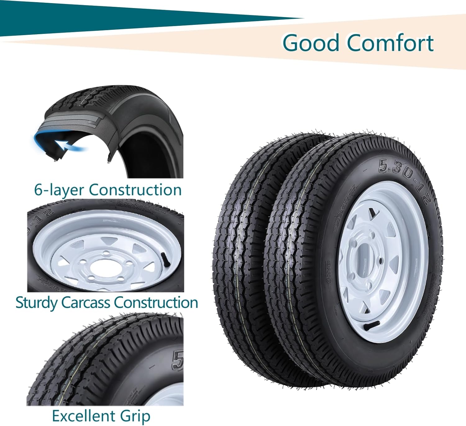 2 Pack 5.30-12 Trailer Tire, 5.30x12 6PR Heavy-Duty Tires with 12" Rim, 5 Lug On 4.5", Load Range C for Small Trailers, Utility, Campers