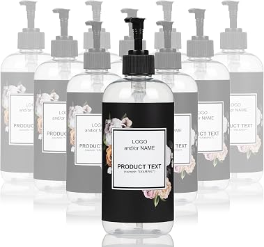 10-Pack Customized PET Plastic Refillable Pump Bottles with Black Floral Design Waterproof Labels and Black Pumps, Clear