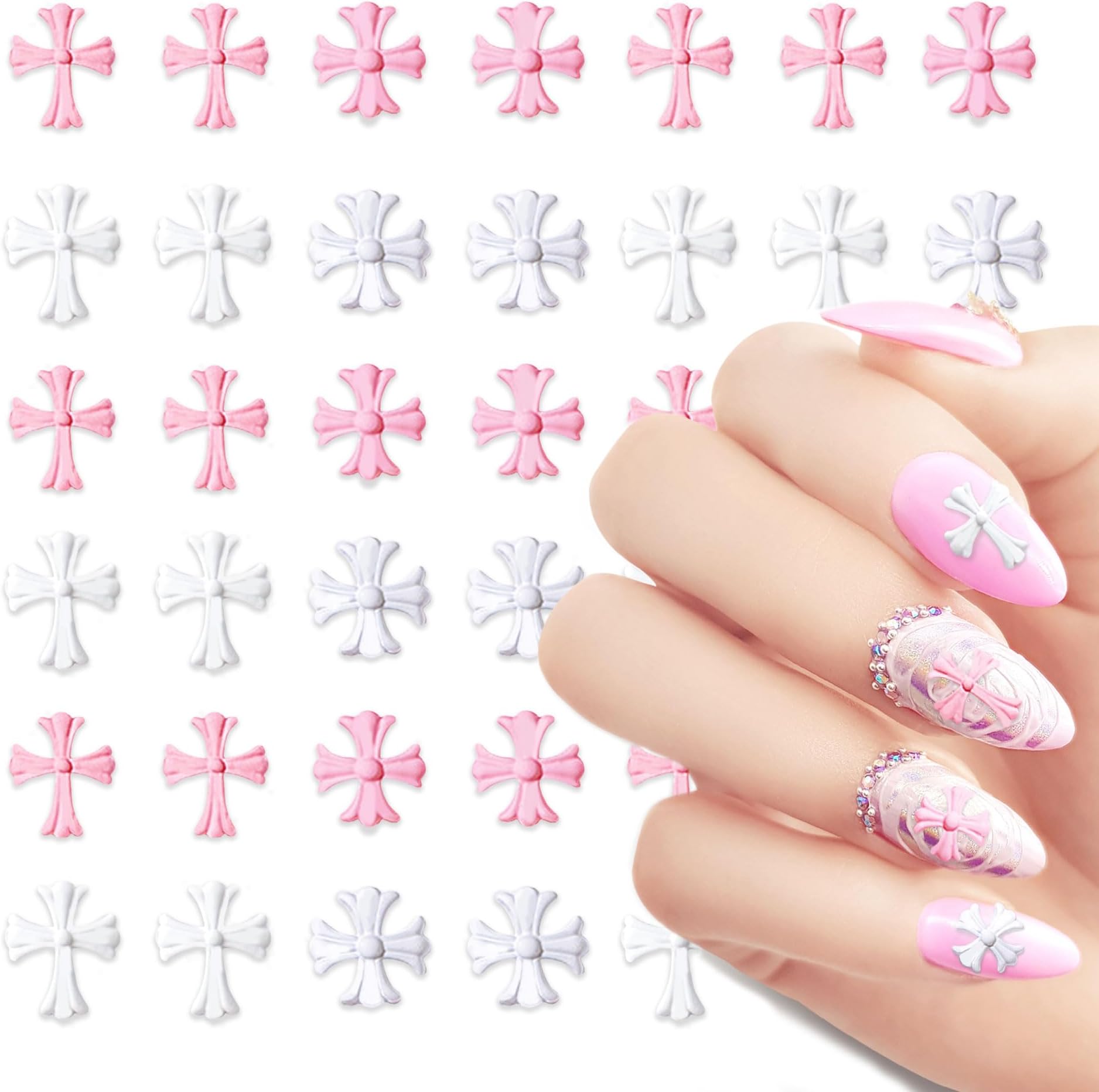 320 Pcs Pink Cross Nail Art Charms,Metal Vintage Nail Art Charm Gothic Punk DIY Nail Art Decoration Accessories for Women Girls (Pink&White)