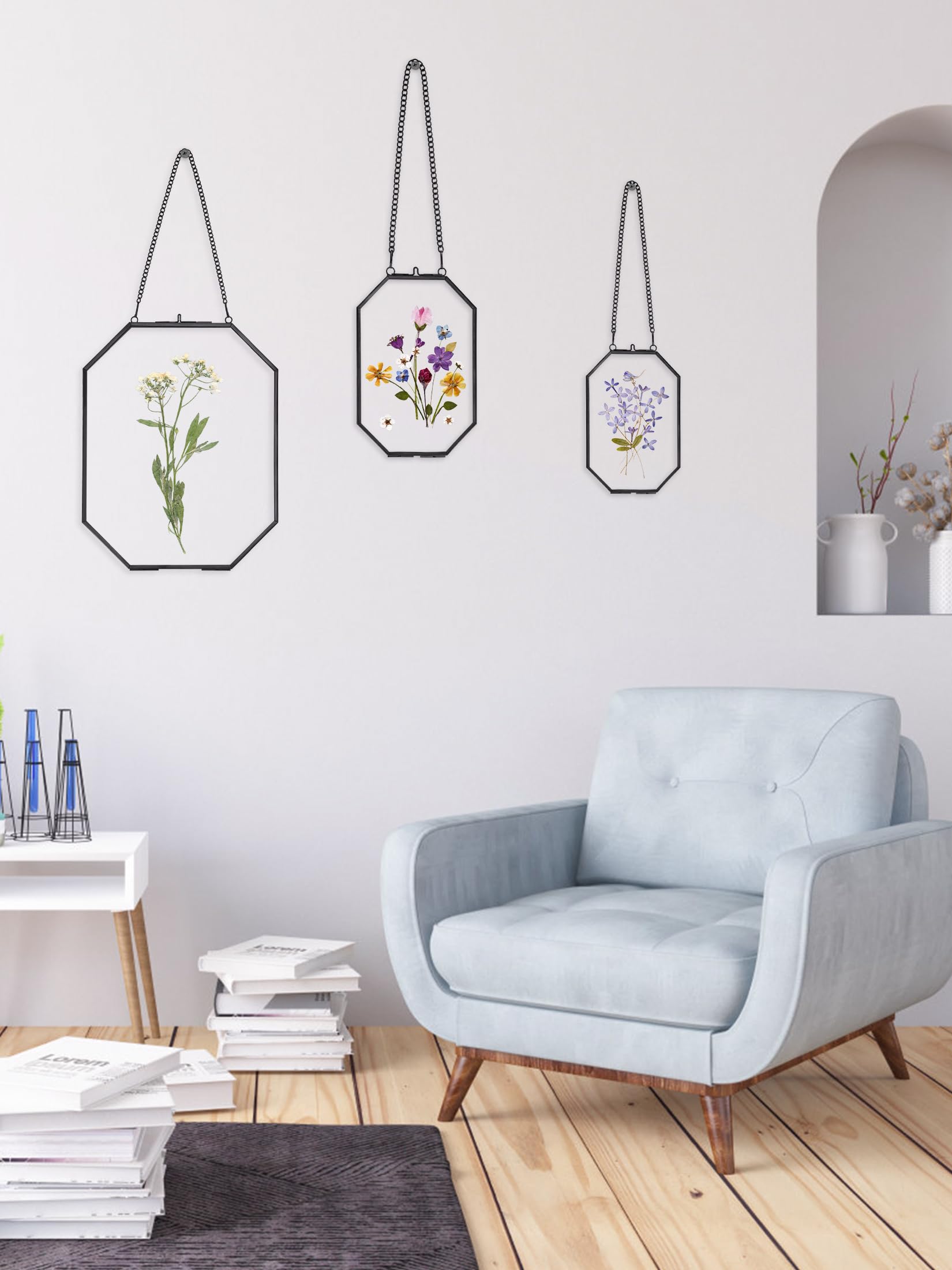 REDHUGO gepresste Blumenrahmen, schwebende Glasrahmen zur Präsentation von getrockneten Pflanzenspezimen, hängender Messing-Fotorahmen mit Kette, doppelt klares Glas, Vintage Wanddekoration, Achteck