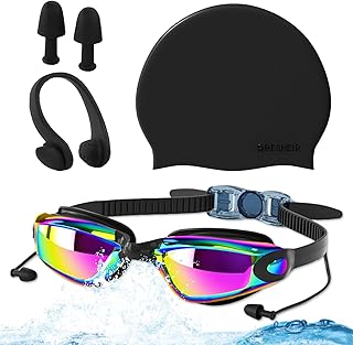 Anti Fog UV Swimming Goggles for Adults - Anti-Fog, UV Protection, Durable, Adjustable Strap, Includes Swimming Cap, Nose Clip, and Ear Plugs, Perfect for Pool and Open Water Swimming