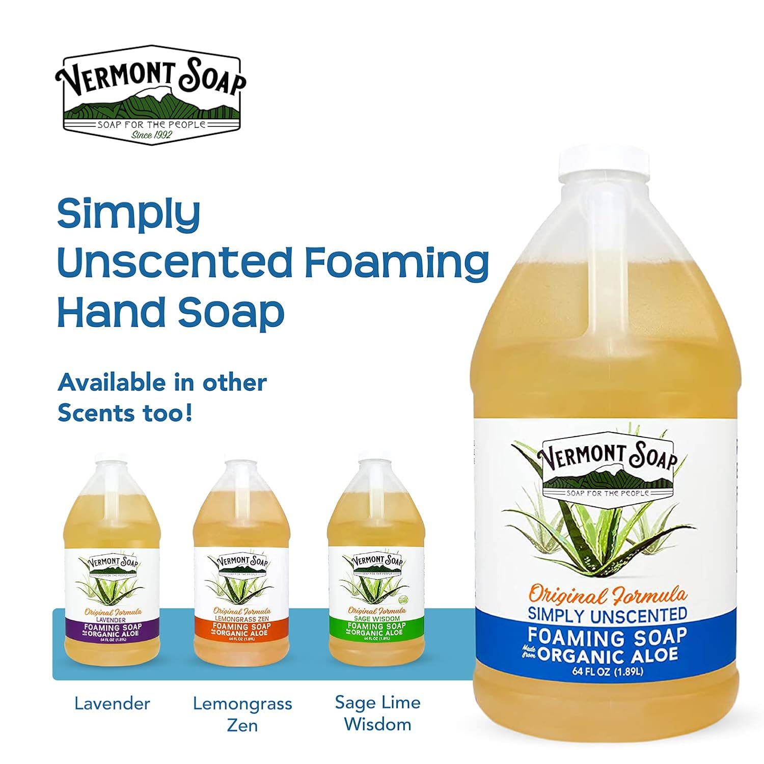 VERMONT SOAP Organic Unscented Foaming Hand Soap - Natural Moisturizing Soap for Dry Skin - Fragrance Free Liquid Bathroom Hand Soap - Simply Unscented - 64 oz