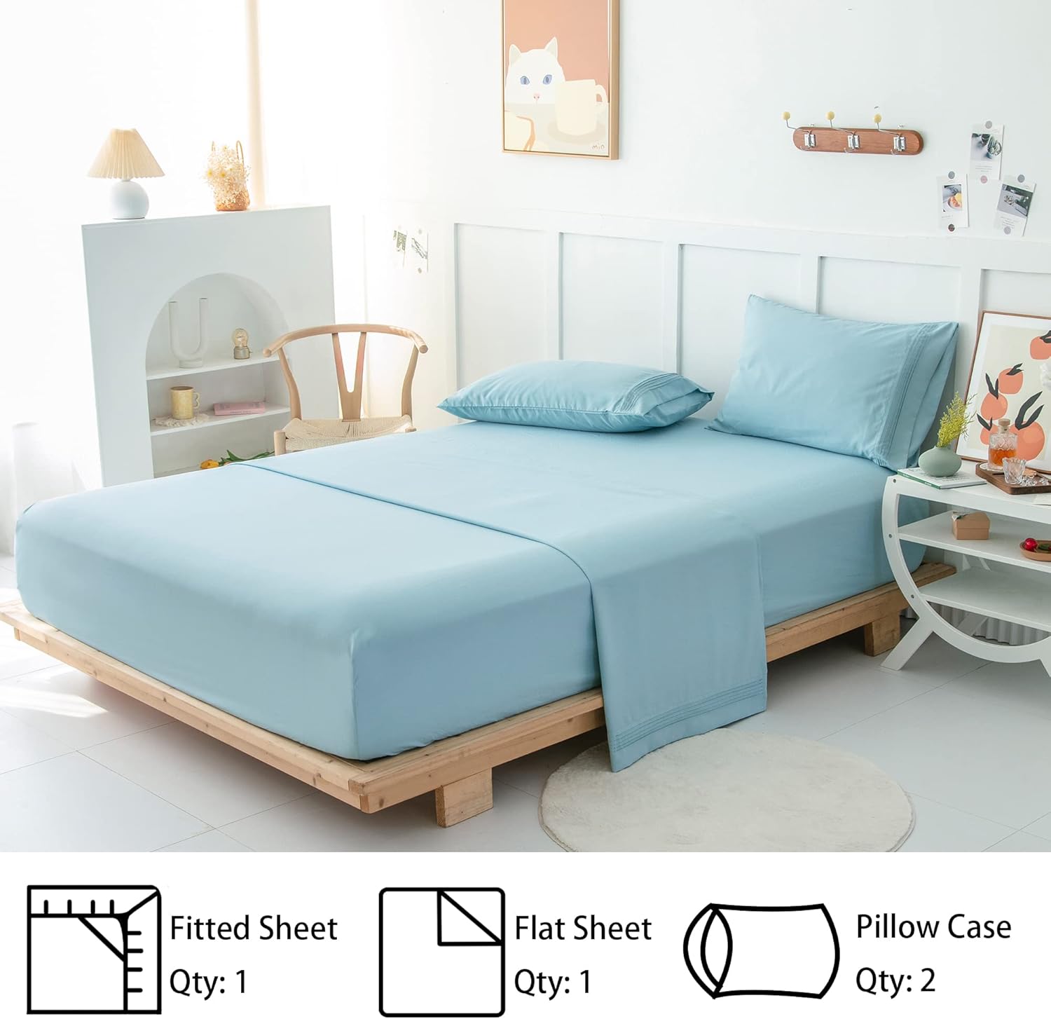 Zuomy Queen Bedding Sheets and Pillowcases, Luxury Soft Bedsheets, Wrinkle Free Bedding Sheets Set (Blue, Queen)