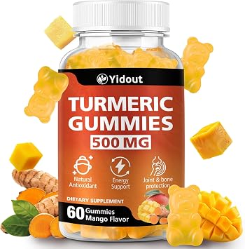 500mg Turmeric Curcumin Gummies, Ginger Black Pepper High Absorption, Mango 60 Count