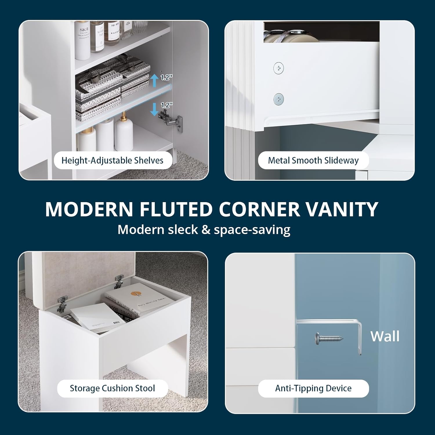 FURSUN Fluted Makeup Vanity Desk with HD 3 Way Mirror and Lights, 51" Large Corner Vanity Table with Charging Station, Dressing Table with 4 Drawers & 2 Storage Cabinets for Bedroom, White