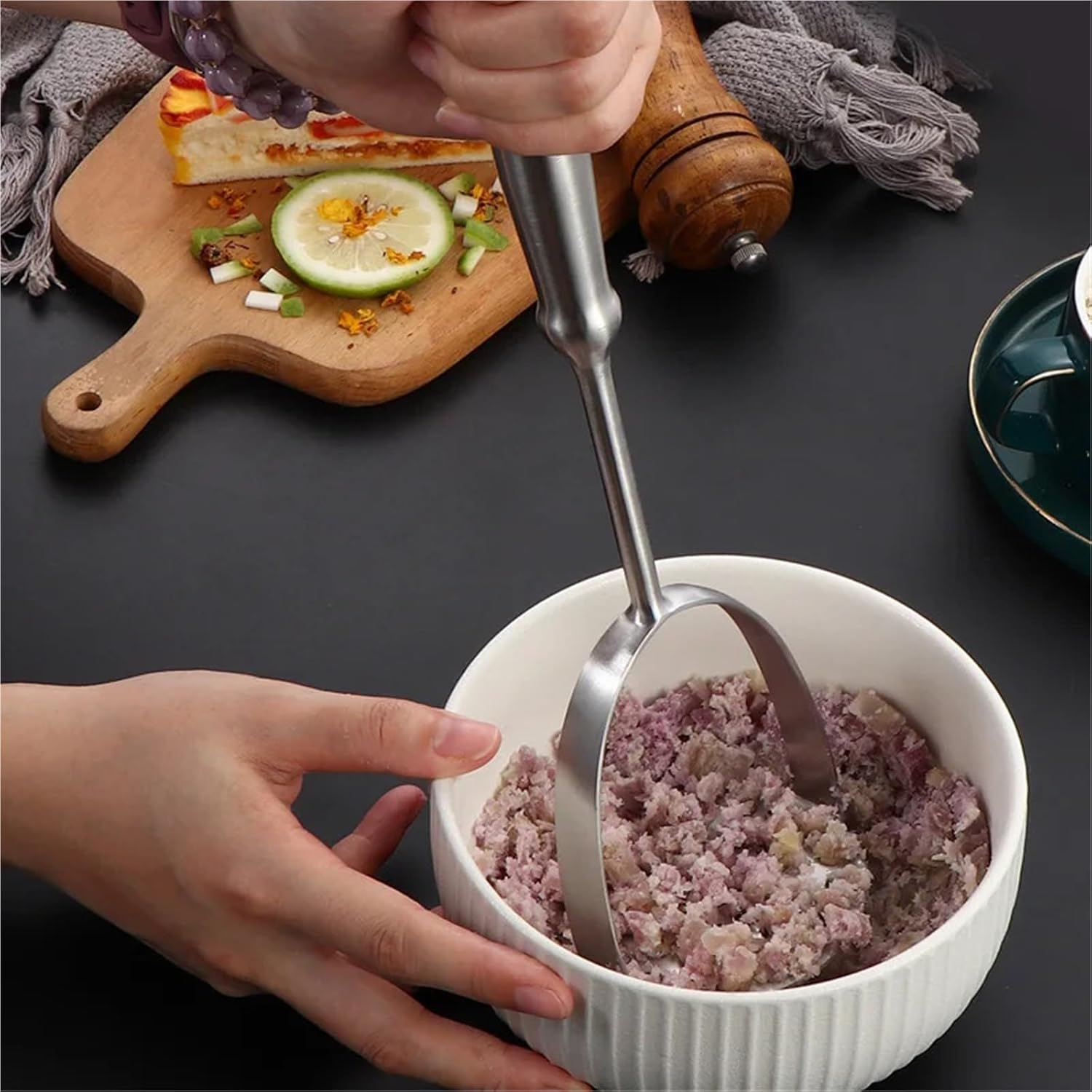 Stainless Steel Potato Masher and Ricer Manual Press and Mash Household Kitchen Gadget(Gold L)