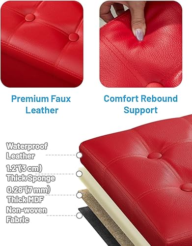 Miniatura 6 de AmasSmile Red Storage - Taburete plegable otomano con bolsillo lateral, reposapiés de cuero de 16 pulgadas, banco otomano corto, almacenamiento de