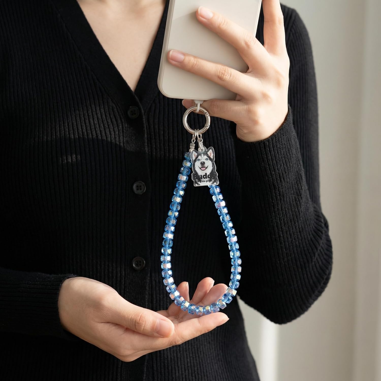 Custom Pet Photo Phone Charm Wrist Strap Personalized Beaded Crystal Gift for Dog Cat Mom