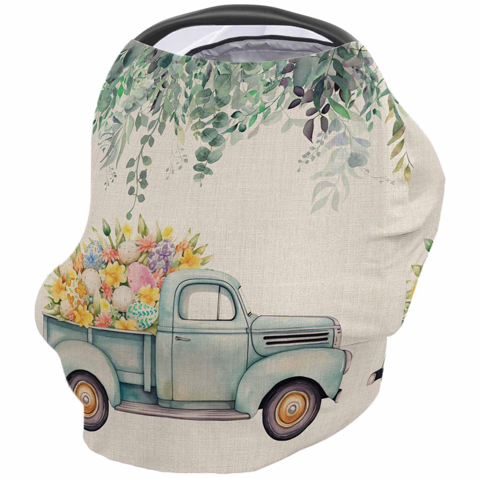 Nursing Cover for Breastfeeding Scarf, Easter Day Teal Truck Yellow Floral Green Leaves Spring Baby Car Covers Super Soft Multi Use for Canopy Shopping Cart Cover Blanket Stroller Cover