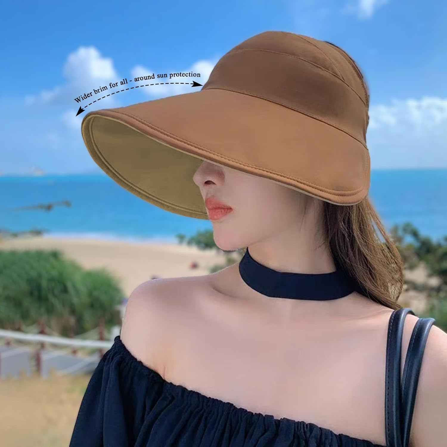 Sun Hats for Womens Wide Brim UV Protection Fishing Hats Packable Reversible Hollow Top Hat with Ponytail Beach Travel Hats - Image 4