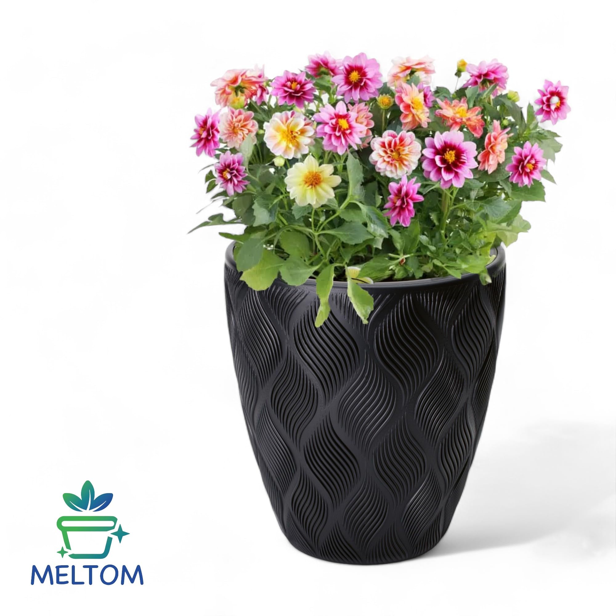 MELTOM Vaso da Fiori H 42 cm Ø 39 cm Nero Rilievo 3D con Riserva d'Acqua