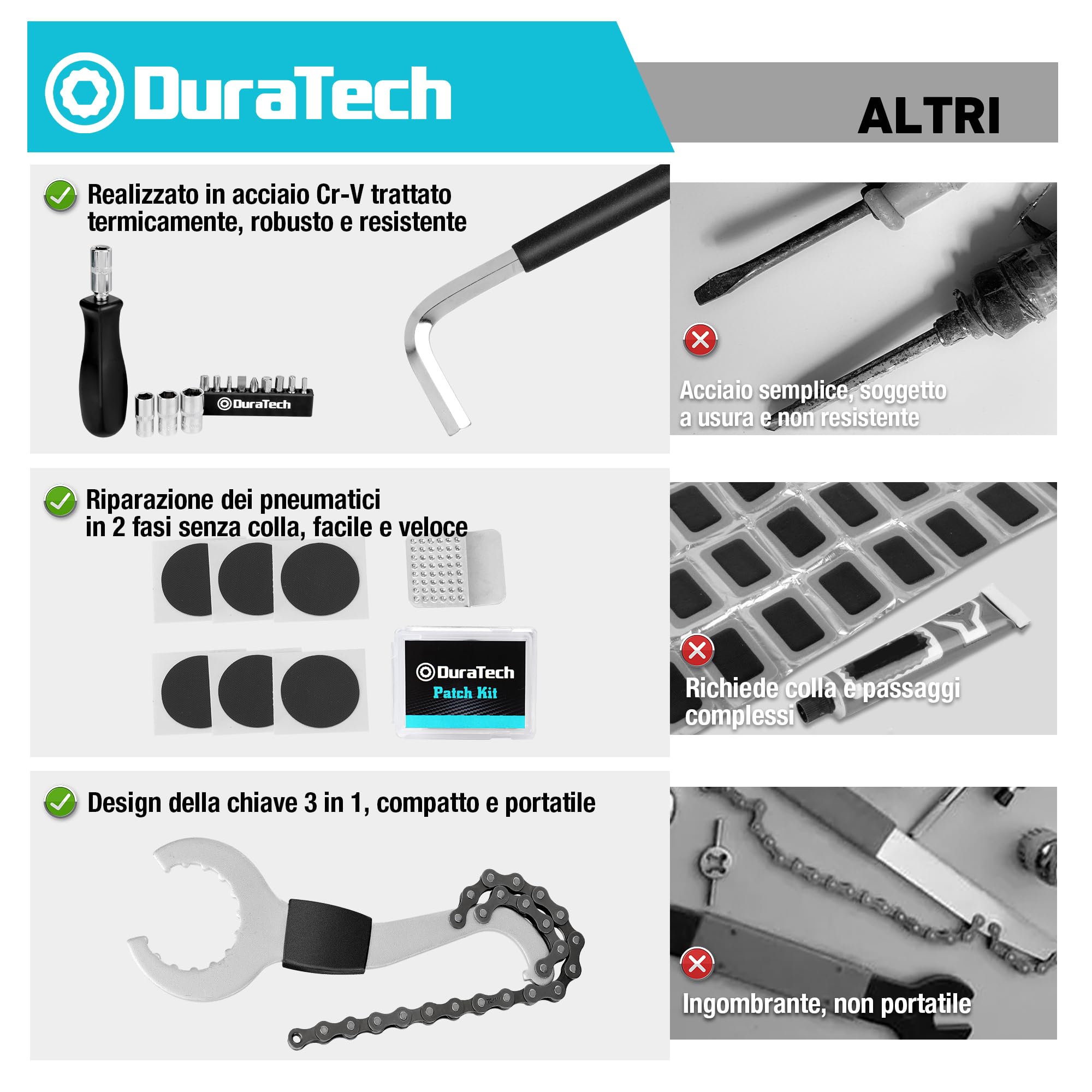 DuraTech Kit Riparazione Biciclette 31 Pezzi con Custodia, Set Attrezzi Completo per Catene, Pneumatici e Manutenzione Bicicletta Domestica