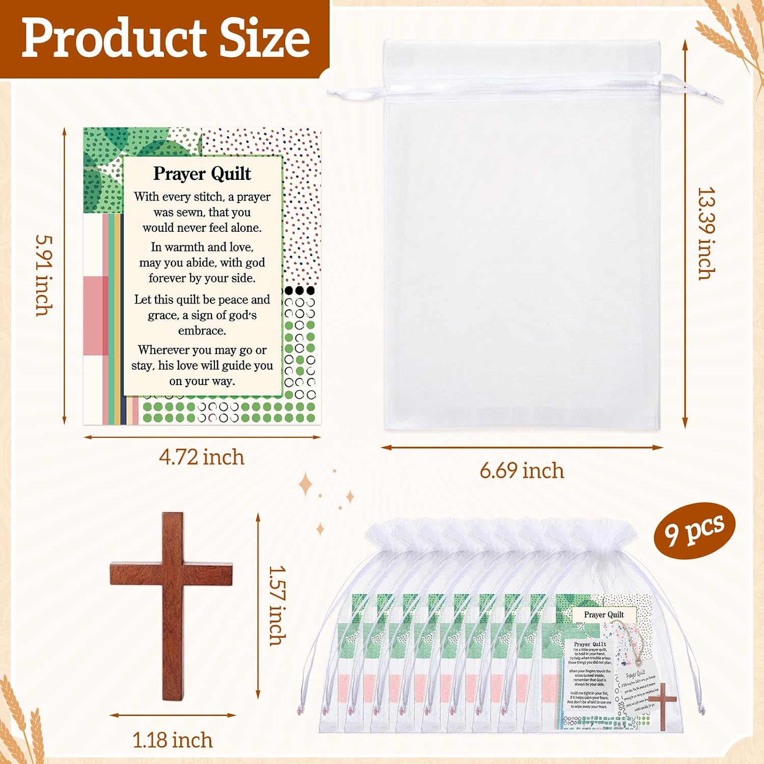 Soulchen 9 Sets Mini Prayer Quilt with Cross Inside, Christian Religious Gifts for Women, Vintage Pocket Scripture Quilt Squares Sympathy Gifts for Clergy Pastor Cancer Patient