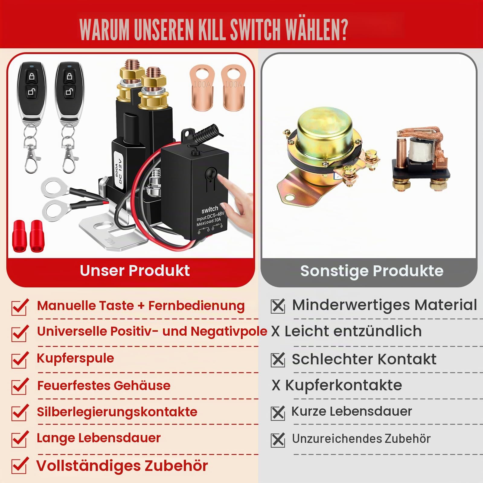 Loyala Batterie Trennschalter 12V Batterieschalter Auto Batterieschalter 12V 500A Batterie Schalter 12v Mit 2 Fernbedienungen für Auto LKW Motorrad Wohnmobil（500A）