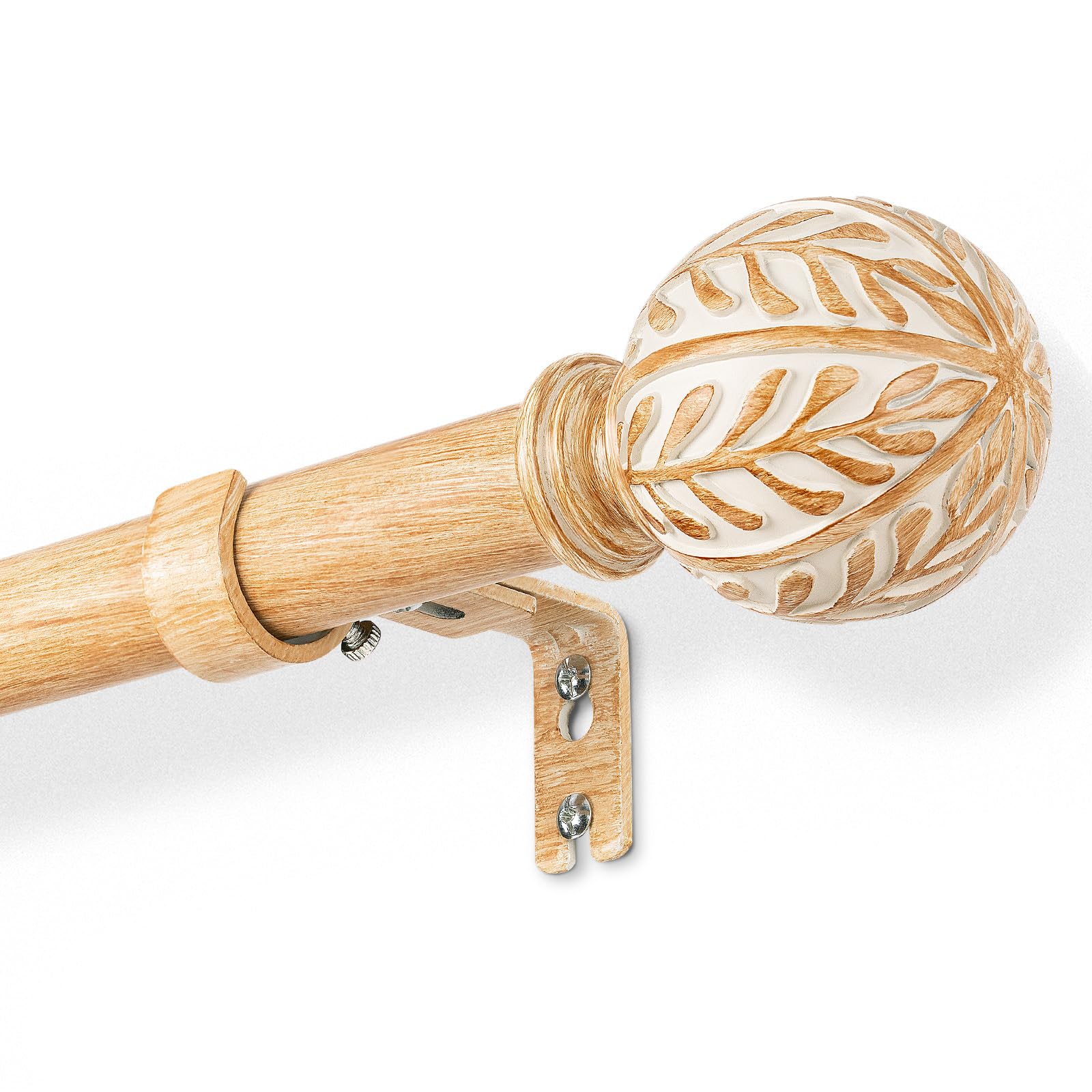 DEFYNEE Extendable Curtain Poles 76-152 cm | 25mm Metal Core with Wood Effect | Leaf Design Finials Curtain Rod for Windows & Doors, Brown
