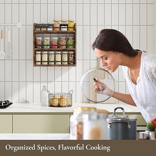 Miniatura 8 de Estante de especias montado en la pared, estante de especias de madera de 3 niveles para encimera, organizador vertical de especias para tarros de