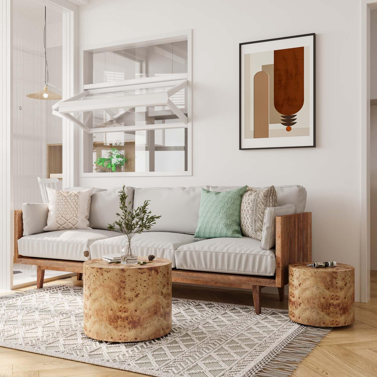 Nesting Coffee Table Set of 2, Modern Round Coffee Table and End Table Set, Natural Burl Center Table Circle Side Table for Living Room Bedroom Office