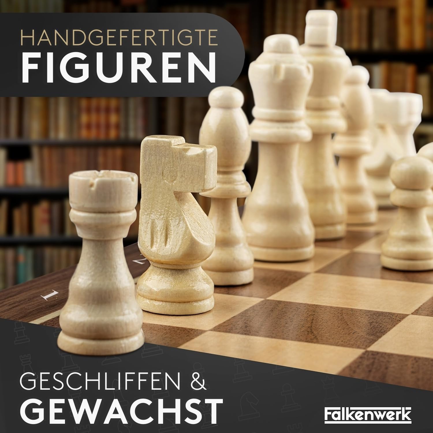 FALKENWERK Magnetisches Schachspiel Holz [38x38 cm] - Handgefertigtes Schachbrett aus Echtholz - Hochwertiges Schach Brett inkl. Anleitung & Tipps - Klappbares Chess Board mit Tragegriff