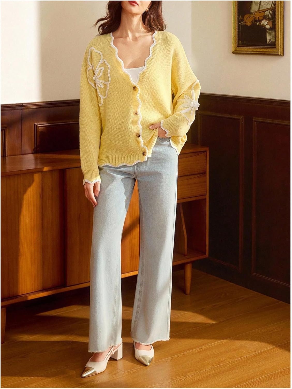 Verdusa Women's Fall Outfits 3D Floral Button Up Cozy Cardigan Sweaters Wave Edge Elegant Knit Outerwear - Image 6