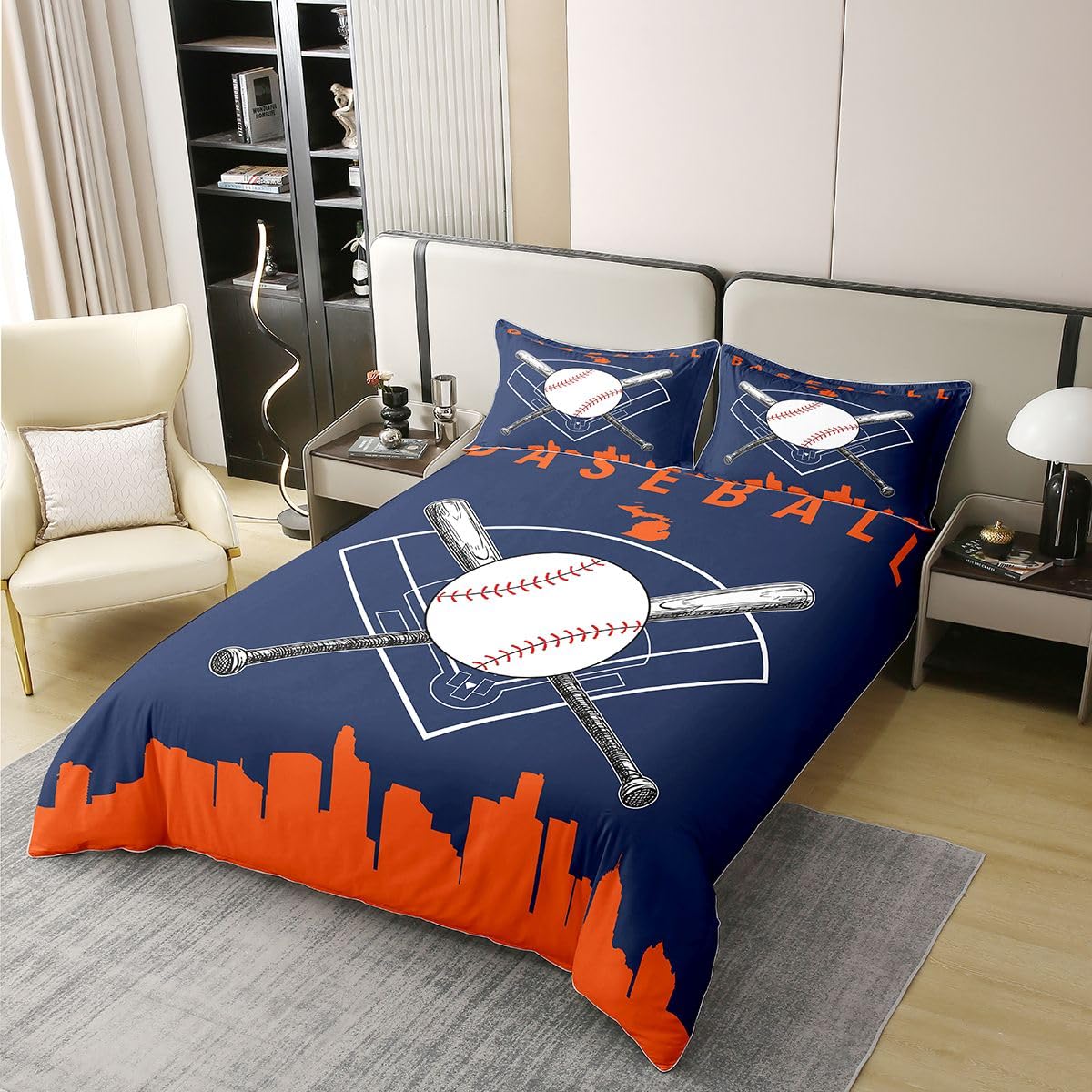 Homewish Chłopcy Baseball Dzieci Pościel Pojedyncza Piłka Gry Coton Kołdra Zestaw Nastolatki Młodzież Sport Gra Kołdra Poszewka na kołdrę Sylwetka Miasto Zestawy Łóżek Granatowy Pomarańczowy