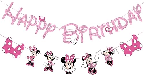 Cartel de cumpleaños de ratón rosa para niñas, decoración de fiesta de cumpleaños de ratón, pancarta de cumpleaños temática de ratón rosa para niña,