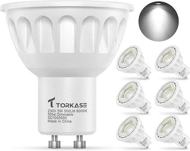 Torkase Dimmable GU10 LED Bulbs, 6000-Kelvin Cool White, 90% Energy Saving, 5-Watt(50-Watt Halogen Equivalent), 36-Degree MR16 LED Spot Track Light Bulb -6 Pack