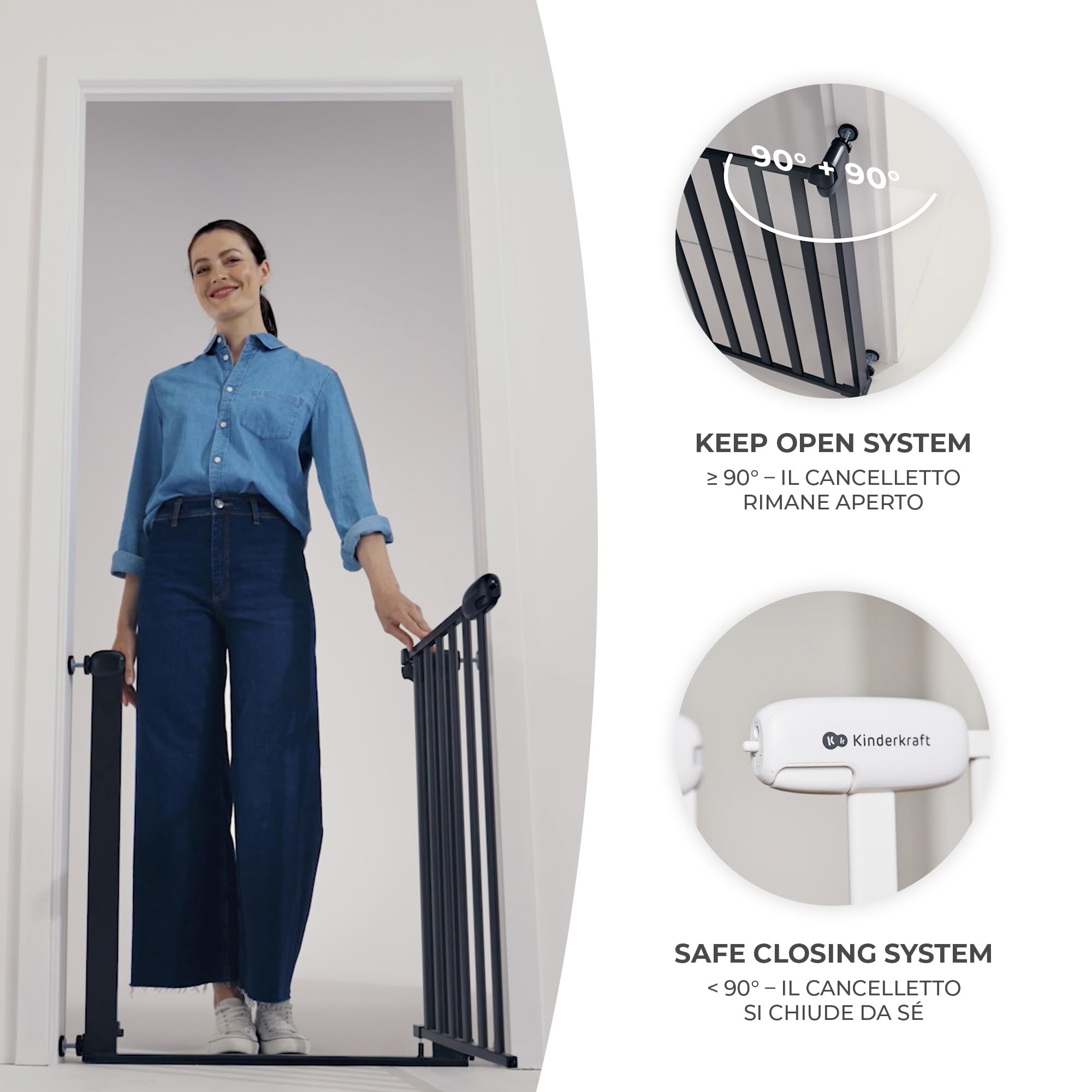 Kinderkraft LOCK&GO Cancelletto di sicurezza da 75-103 cm, Chiude automaticamente di 90 gradi, Doppio dispositivo di sicurezza, Previene di inciampare, Nero