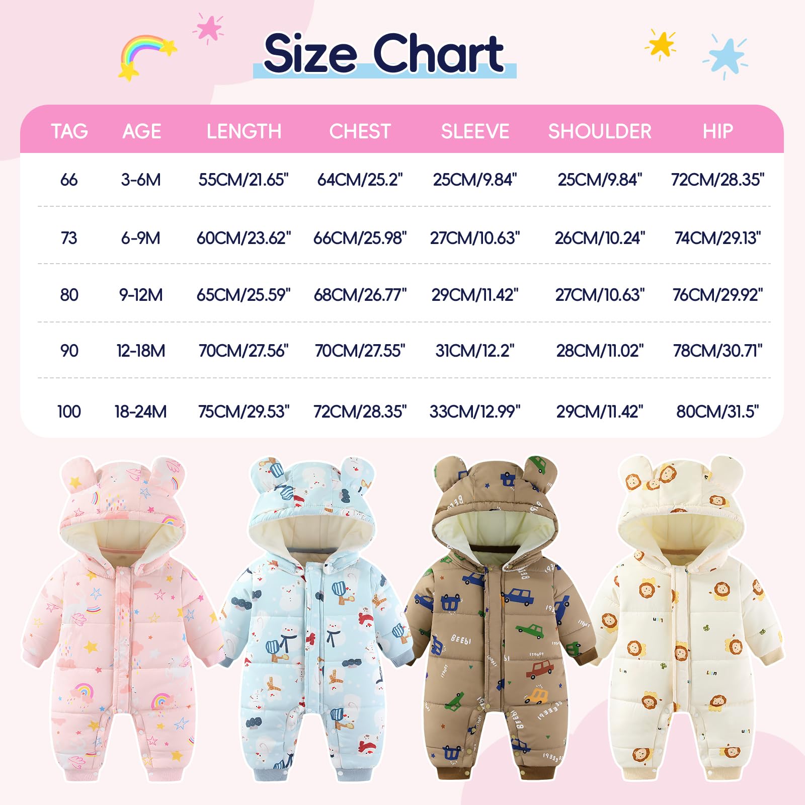 JiAmy Combinaison de neige pour bébé fille et garçon - Combinaison d'hiver avec capuche - Manches longues - Imprimé mignon - Pour 3 à 24 mois