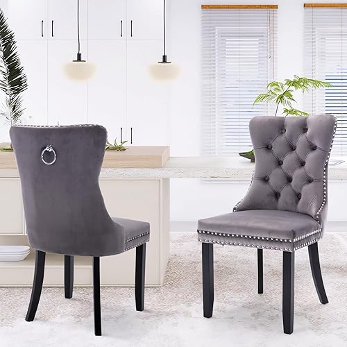 Miniatura 115 de Juego de 6 sillas de comedor de terciopelo, sillas de comedor tapizadas acolchadas con ribete de tachuelas y patas de madera maciza para cocina,