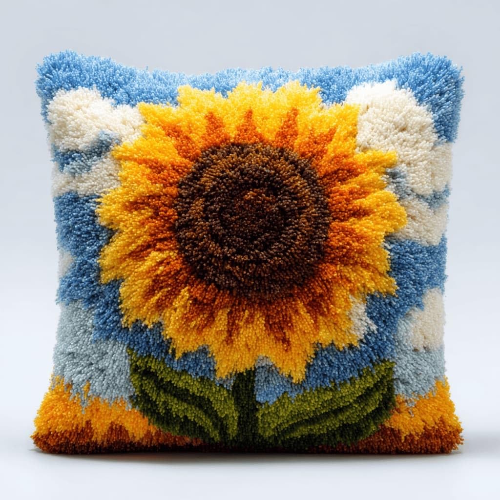 Latch Hook Pillow Kit For Adults,Sunflower 17X17In Latch Hook Kit For Pillow Cover With Instruction For Beginner Cross Stitch Sofa Cushion Cover With Crochet Yarn For Beginners And Home Decor