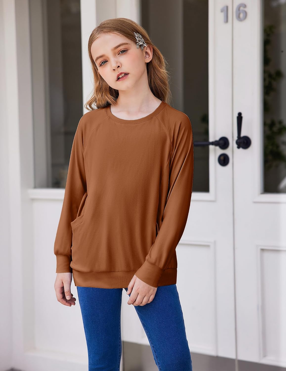 Arshiner Girls Long Sleeve Shirts with Pockets Raglan Casual Kids Tee Tops image 2