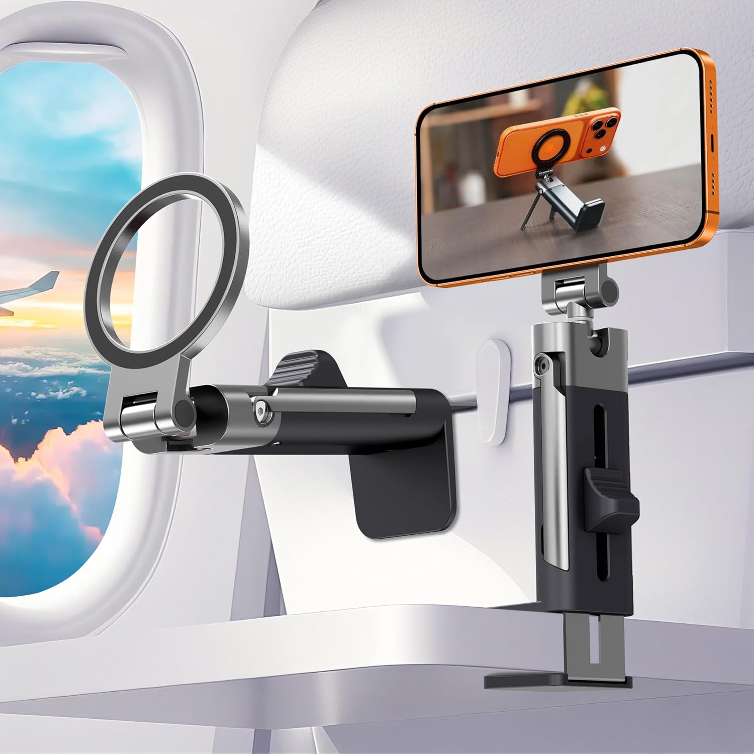 Airplane Travel Essentials Men Phone Holder,Plane Phone Mount for MagSafe,Foldable Magnetic Phone Stand for Desk 360° Swivel Universal in Airplane Gadgets Spring Break Essentials for iPhone 17