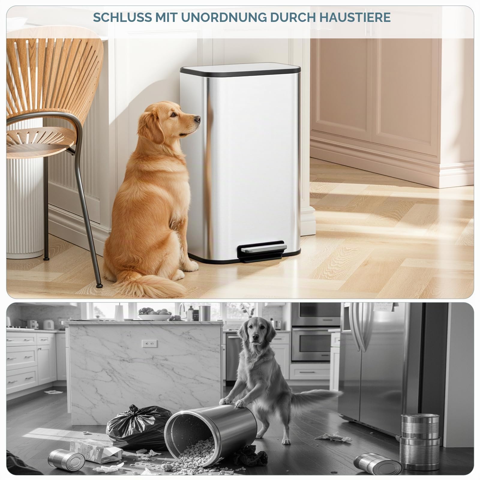 Clevich Mülleimer 30L mit Stahlkorpus und Soft-Close-Funktion, Deckel mit Edelstahloberfläche, abnehmbarem Inneneimer und Fußpedal, Treteimer für Küche, Wohnzimmer und Büro - Silber