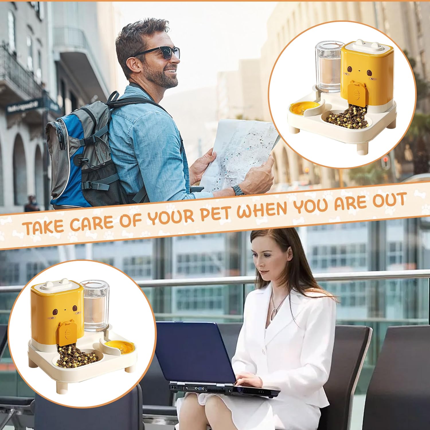 Wasserspender Futterspender für Katze und Hund, 2-In-1 Automatischer Trockenfutterspender, Automático Gravity Futterautomat Katze, Haustiere Futterstation, für Kleine Hunde Katzen (Gelb)