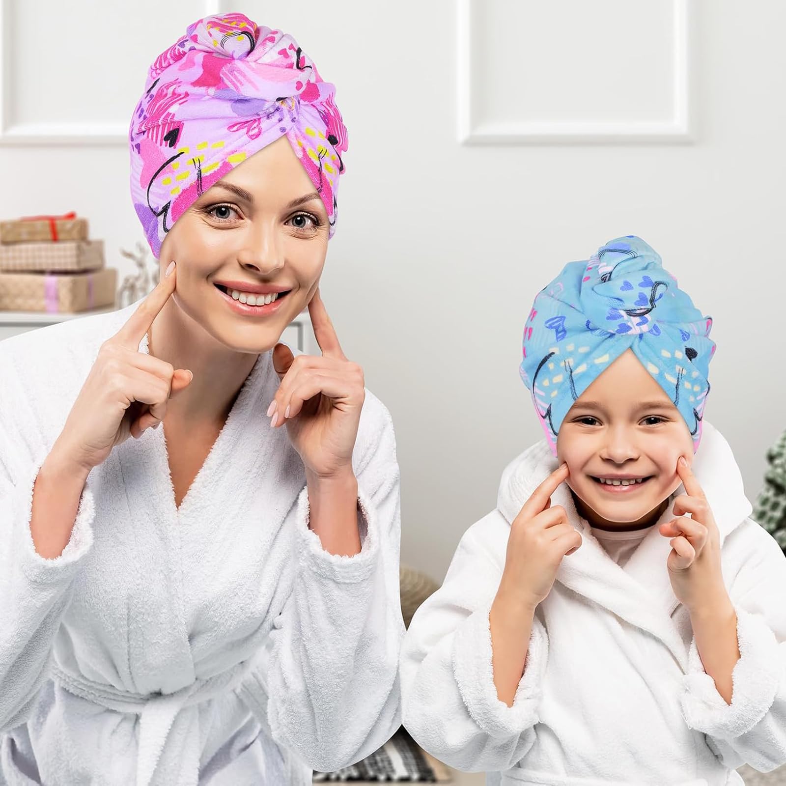 DeBizz 2 pezzi turbante per capelli per bambini, asciugamano per asciugacapelli, in microfibra, ad asciugatura rapida, per donne e ragazze (multicolore)
