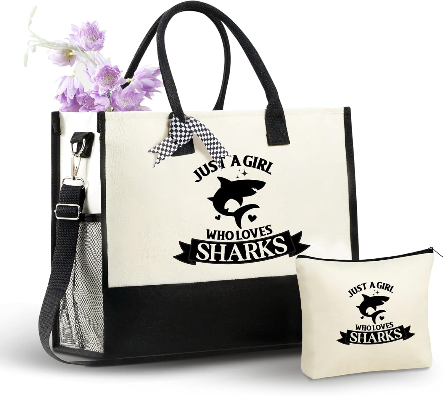 InnoBeta Shark Lover Gifts Canvas Tote Bag, Shark Gift for Women,Girl, Just a Girl Who Loves Shark Bag with Top Zipper Closure and Shoulder Strap for Birthday, Christmas